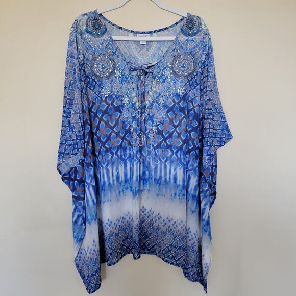 NWT Avenue Vienna Kaftan Kimono Size 22/24 Pullover Jeweled Tie Front Blue - Picture 1 of 12